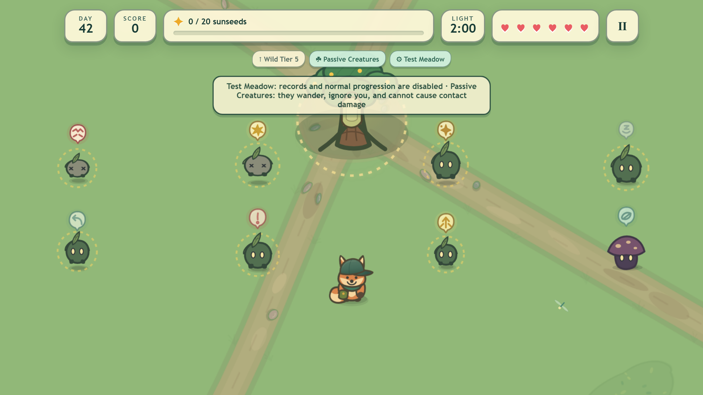 Eight Mosslight Meadow creatures displaying the complete r117 status pictogram set
