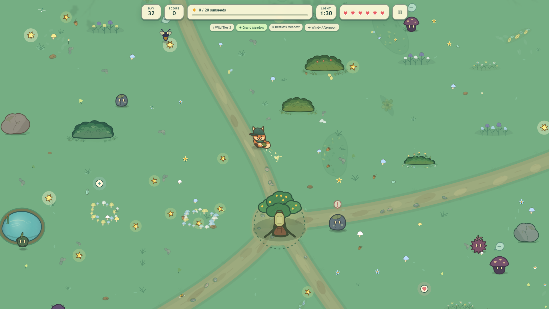 The Meadow Scout exploring a Grand Meadow filled with creatures, paths, plants, and Sunseeds